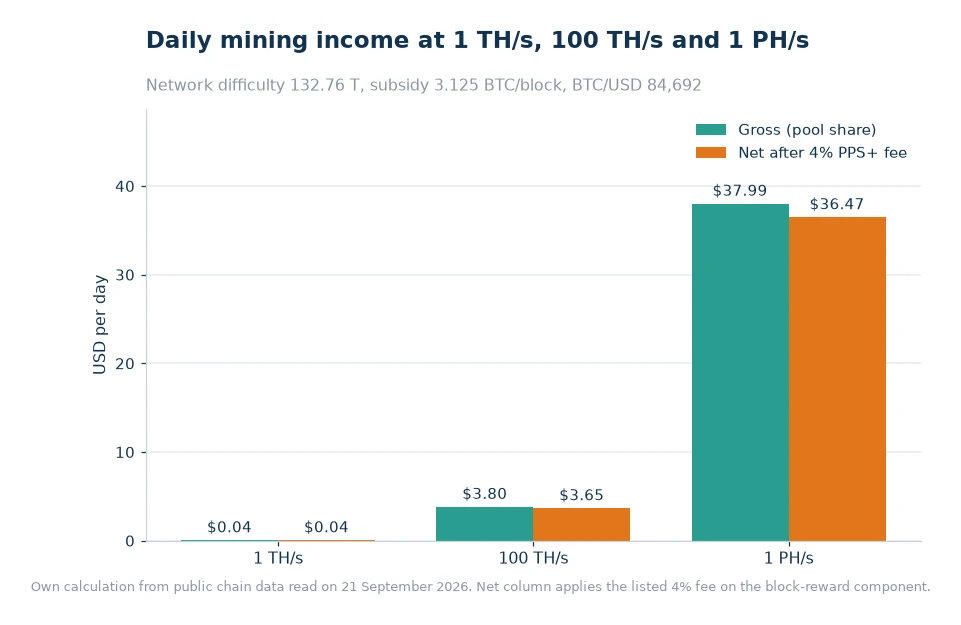 Bar chart of gross and net daily mining income at 1 TH/s, 100 TH/s and 1 PH/s