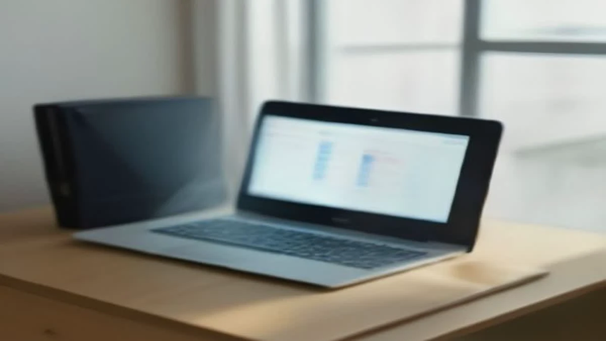 A laptop and a smartphone on a bright desk, showing an abstract rising line chart in natural window light